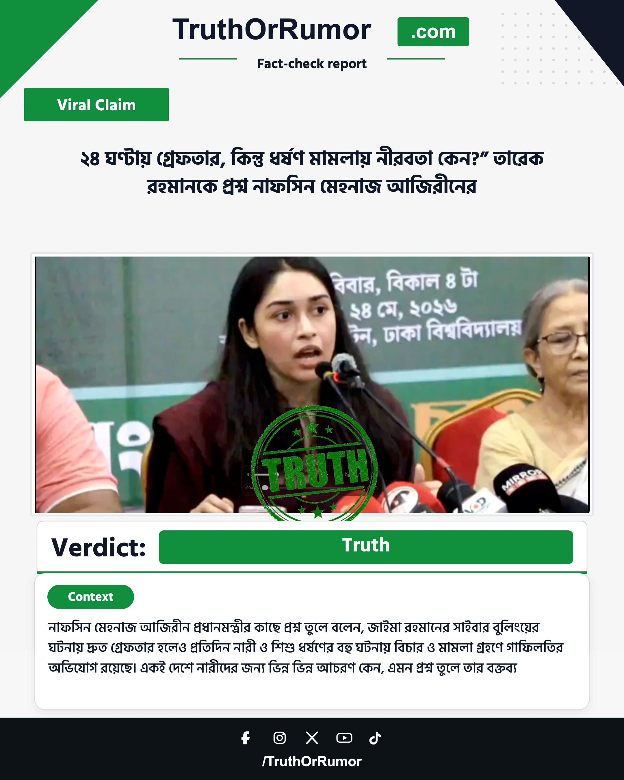 ২৪ ঘণ্টায় গ্রেফতার, কিন্তু ধর্ষণ মামলায় নীরবতা কেন?”  তারেক রহমানকে প্রশ্ন নাফসিন মেহনাজ আজিরীনের